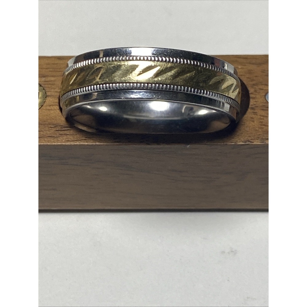 Two Tone Stainless Steel 10K Yellow Gold Inlay Diamond Cut Milgrain Band Ring
